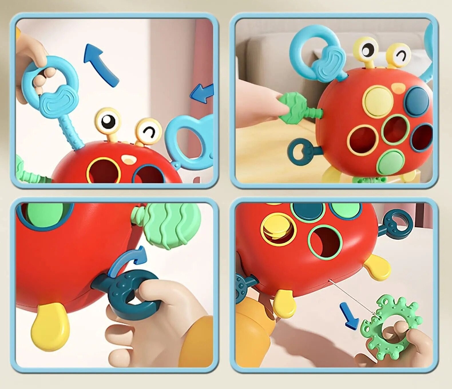 Colorful baby crab sensory toy enhancing fine motor skills, ideal as a thoughtful baby gift.