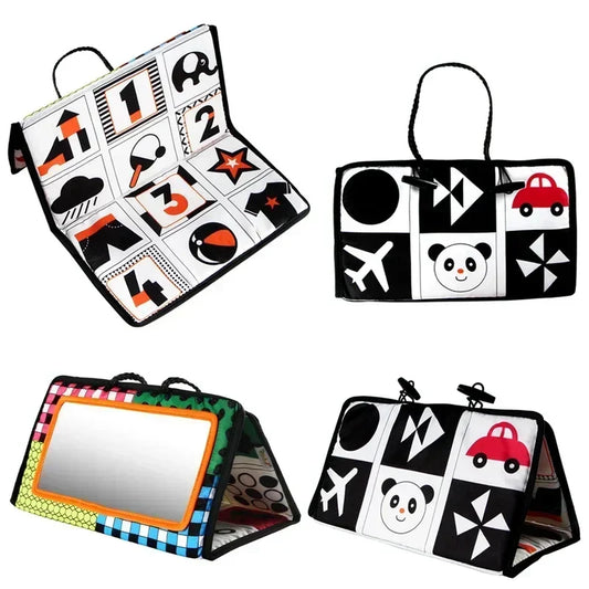 Baby sensory mirror toy for tummy time, high contrast black & white, stimulates infant development.