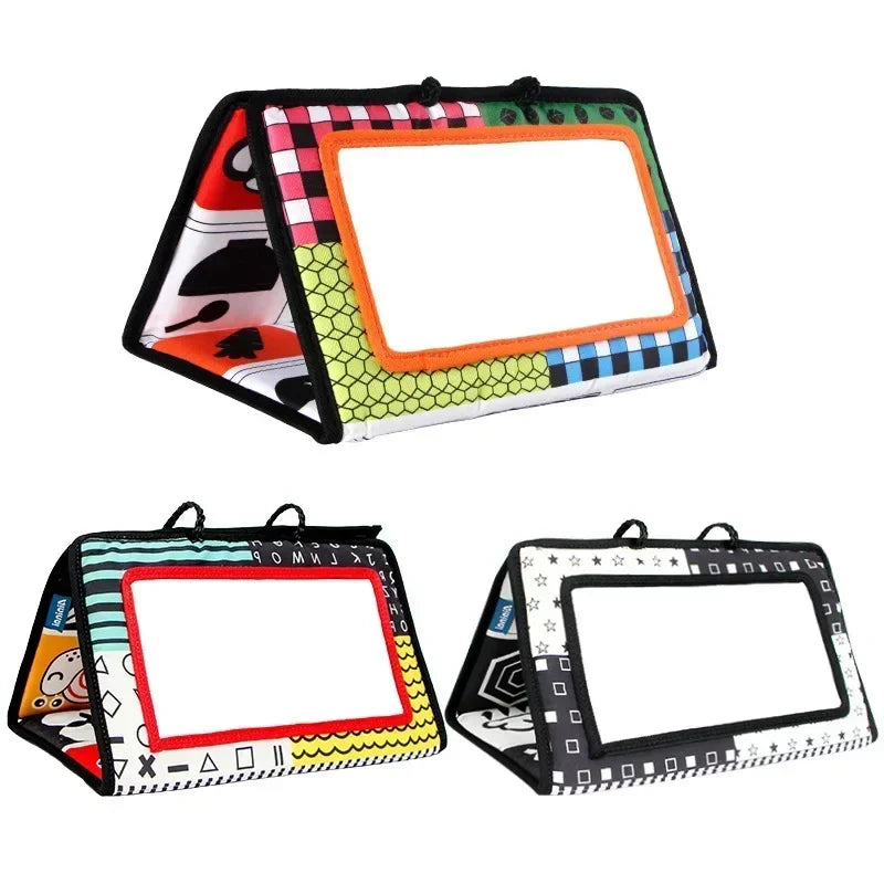 Sensory baby activity mirror, black & white patterns, ideal for tummy time fun & skill building.