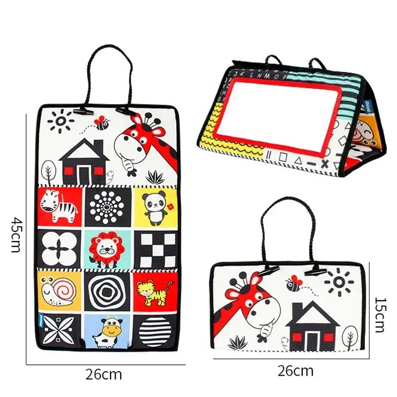 Baby mirror for tummy time, soft fabric, crinkle sounds, encourages motor skill development.