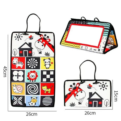 Baby mirror for tummy time, soft fabric, crinkle sounds, encourages motor skill development.