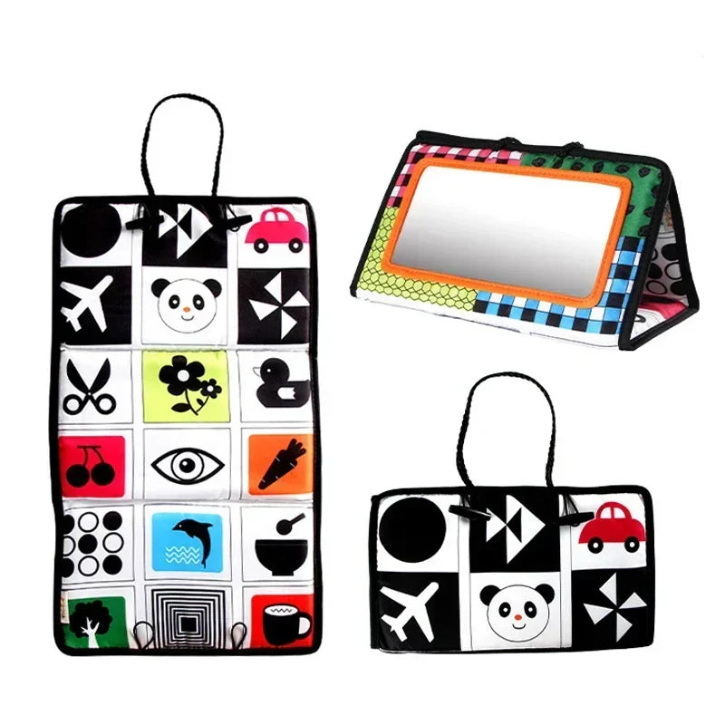 Educational baby mirror toy, high contrast sensory play, supports early visual and motor development.