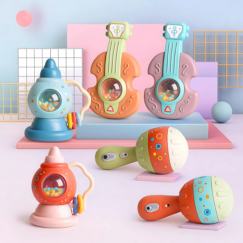 Baby Sensory Musical Teething Toy Set for infant development, includes rattlers, musical instruments, and chew toys