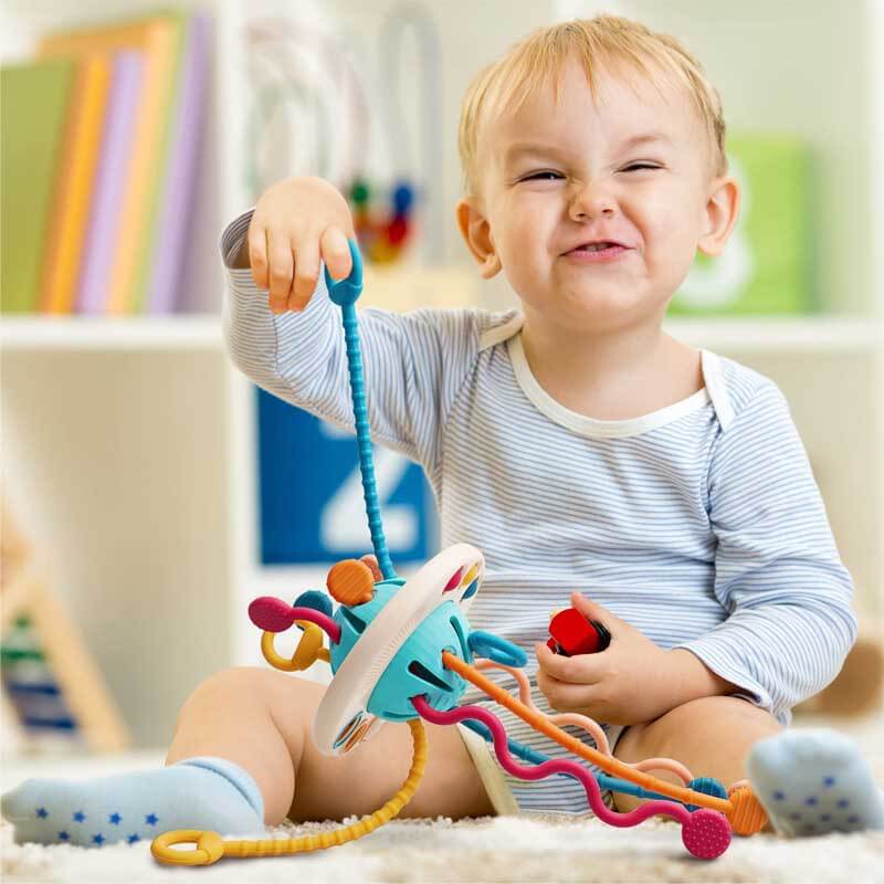 Baby sensory pull string activity toy, colorful silicone for fine motor skills development