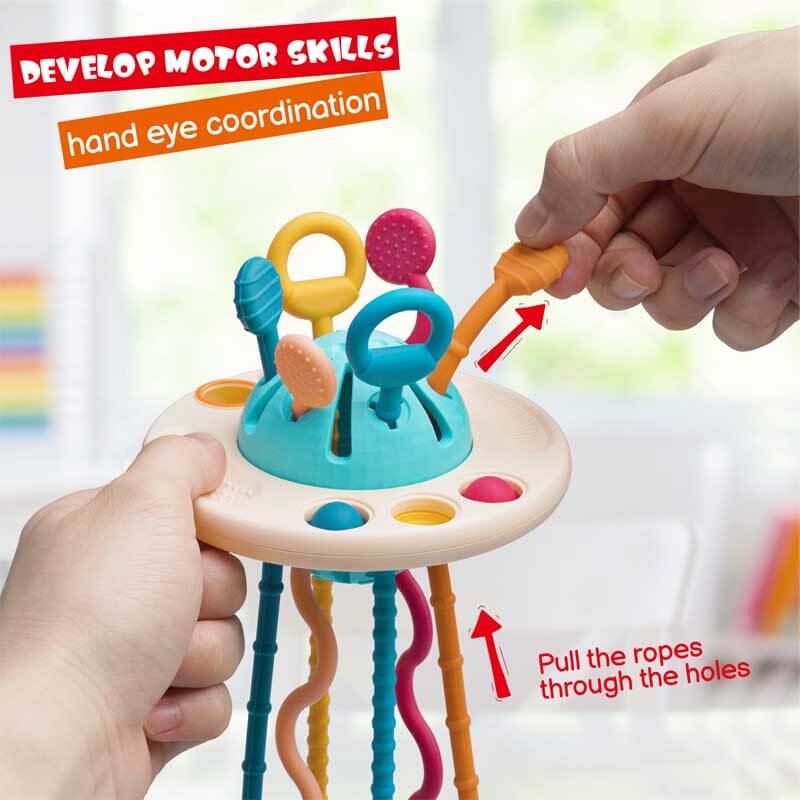 Infant pull string activity toy with textured silicone, ideal for early learning & sensory play
