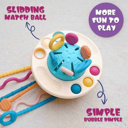 Baby activity toy with soft silicone strings, promoting hand-eye coordination & sensory exploration