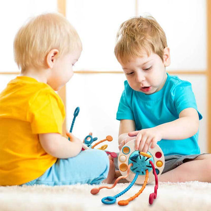 Educational baby toy, silicone pull strings for tactile exploration and fine motor skill building