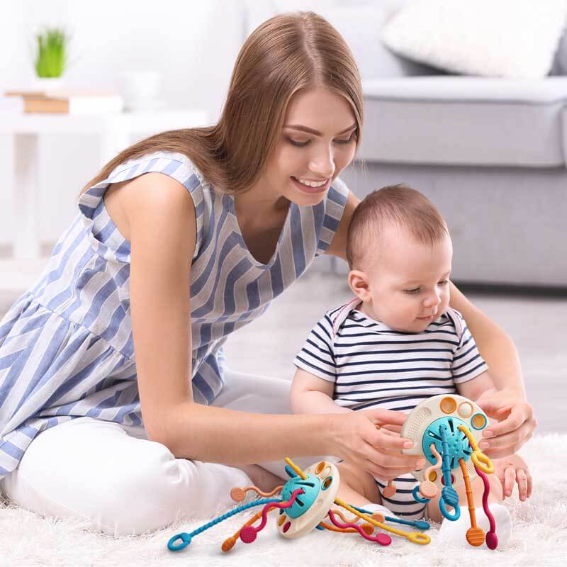 Infant early learning toy, silicone pull strings offering sensory stimulation & skill development