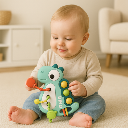 Baby sensory pull toy for teething and motor skills development, featuring vibrant colors and soft textures.
