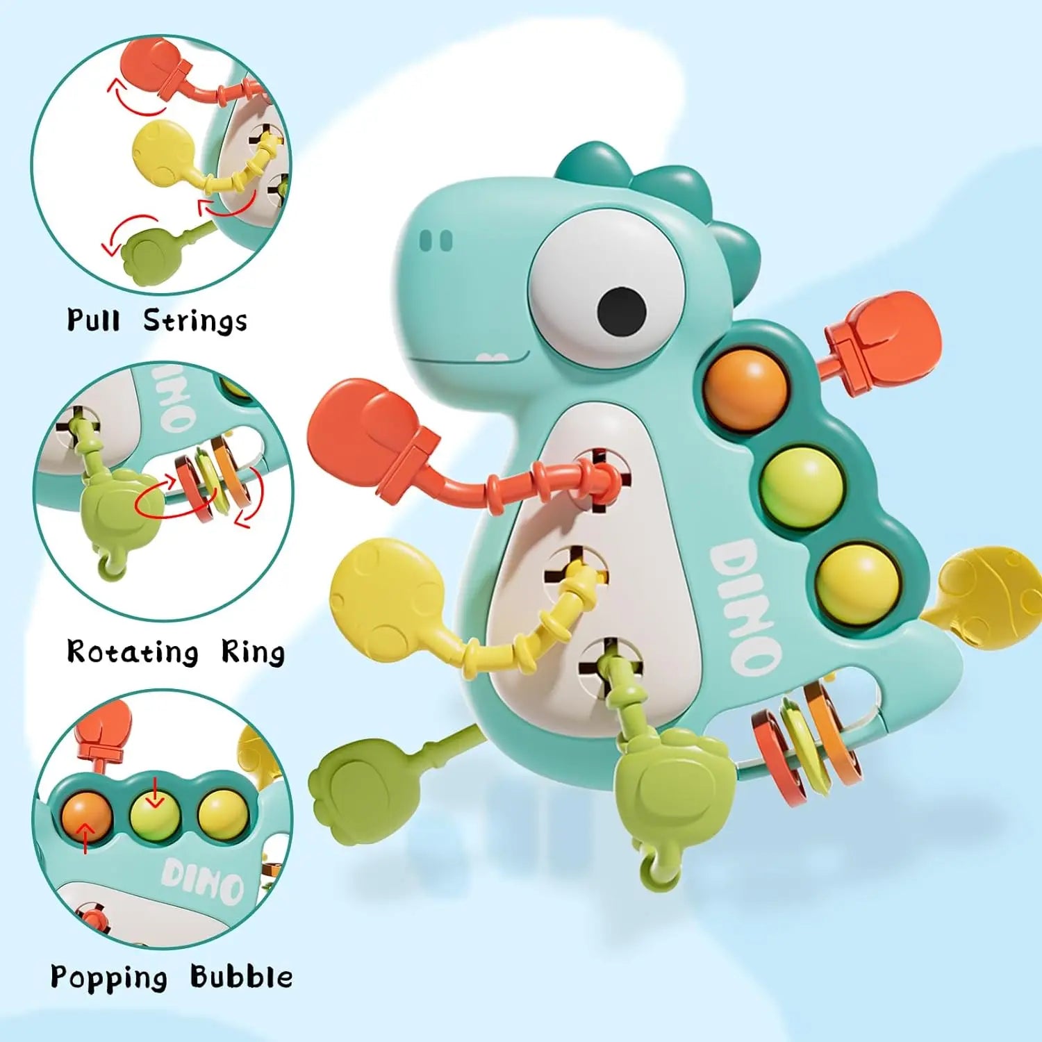 Montessori educational dinosaur pull toy, designed for infants for sensory exploration and fine motor skill practice.