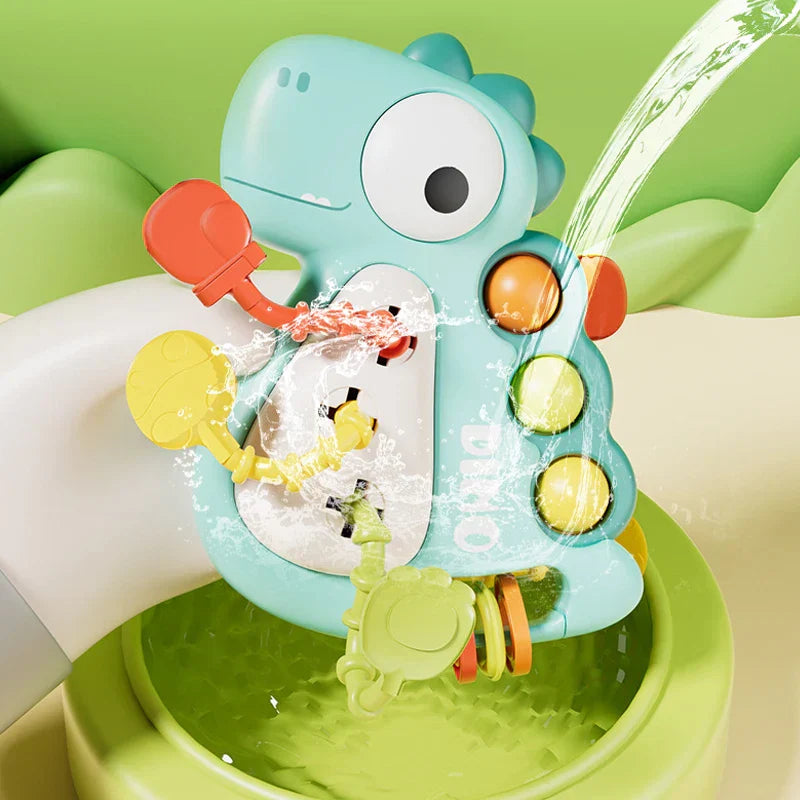 Dinosaur themed baby sensory toy, ideal for teething relief and promoting early motor development in infants.