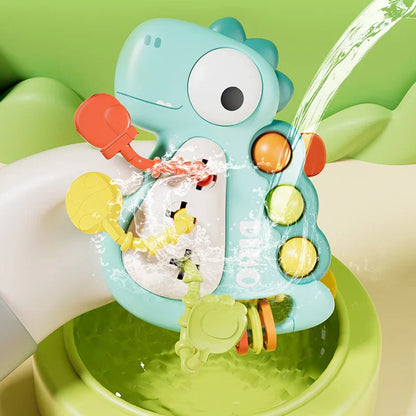 Dinosaur themed baby sensory toy, ideal for teething relief and promoting early motor development in infants.