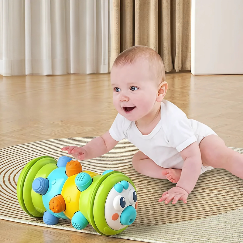 Baby sensory rolling caterpillar toy in bright colors, promoting fine motor skills development for infants.