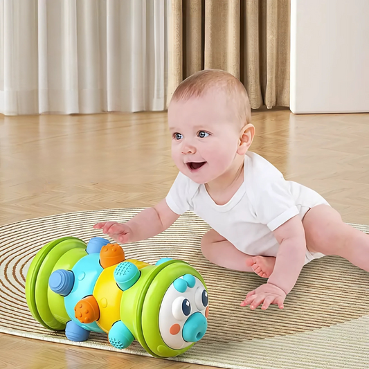 Baby sensory rolling caterpillar toy in bright colors, promoting fine motor skills development for infants.