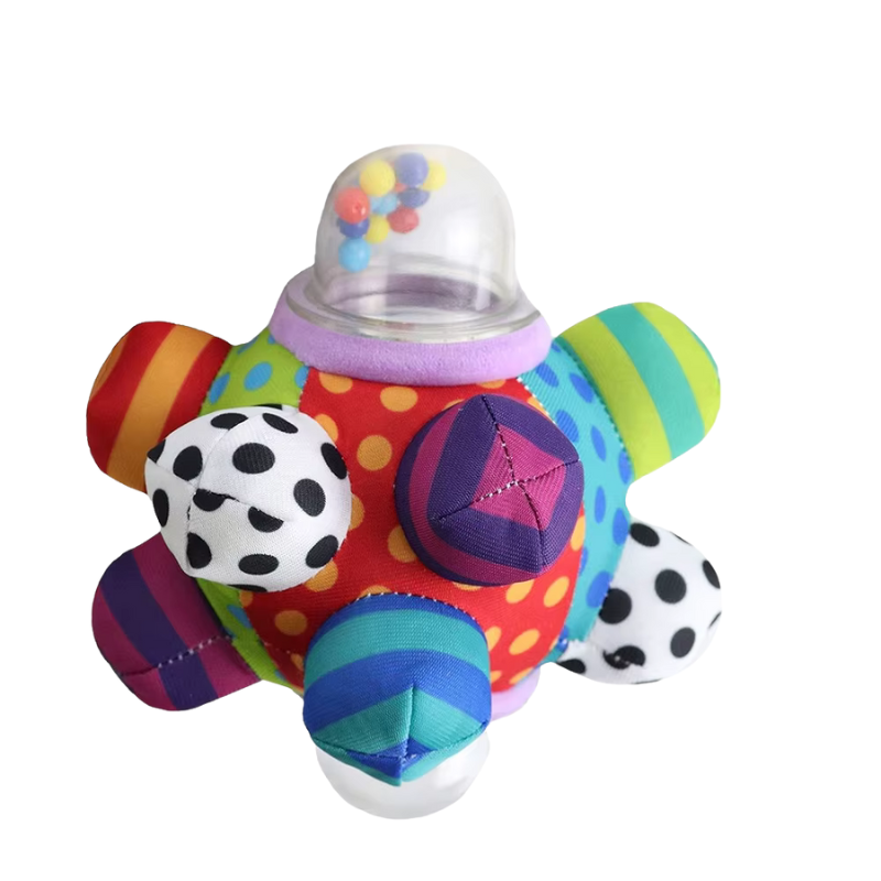 Vibrant plush baby rattle toy designed for grasping, featuring multiple textures and colors for sensory play