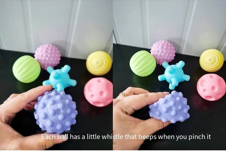 Collection of baby sensory grip balls, various colors and textures for infant play