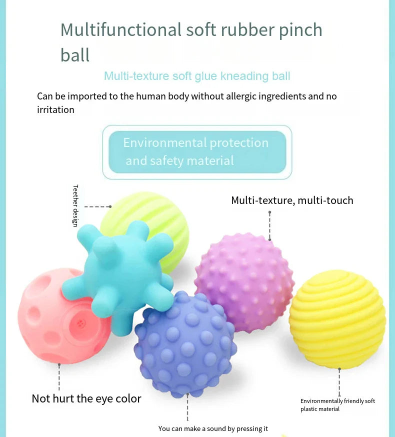 Close-up of a baby's hand grasping a soft rubber bath toy, sensory grip ball