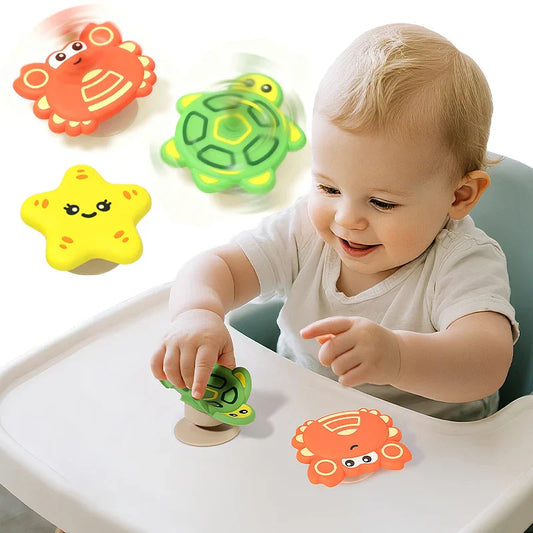 Baby sensory suction spinner toy with bright colors, promoting focus and development