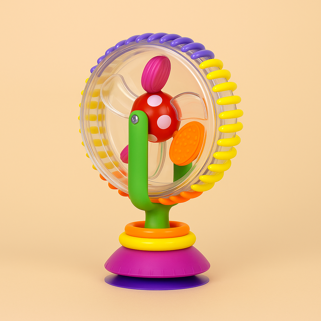 Baby Sensory Suction Spinner Toy with colorful gears & suction cup for high chair or travel play, promotes infant development