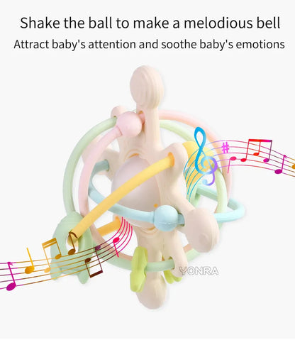 Newborn-safe baby teether ball toy, sensory design with built-in rattle