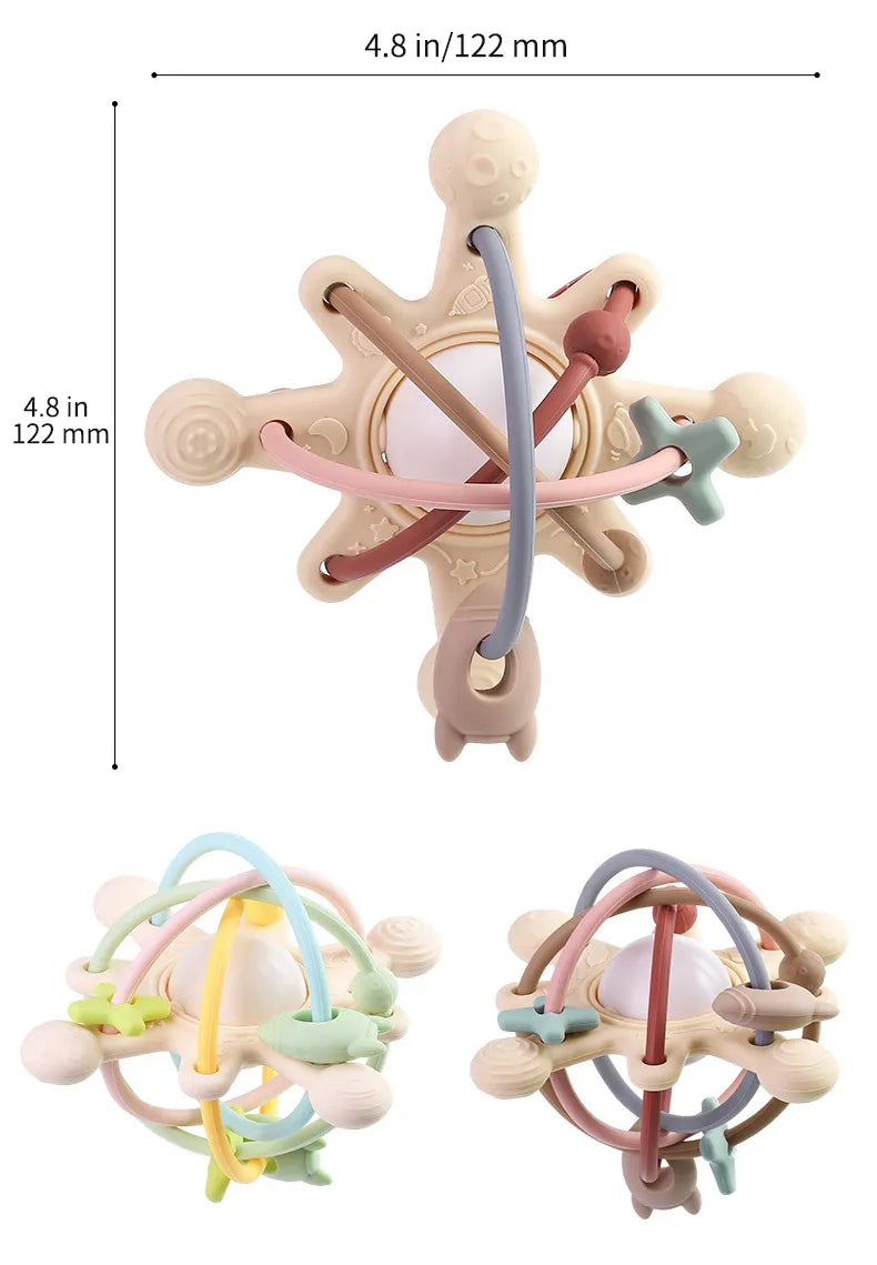 Package containing baby sensory teether ball toy with rattle, developmental infant toy