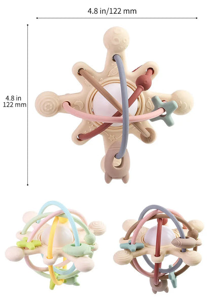 Package containing baby sensory teether ball toy with rattle, developmental infant toy