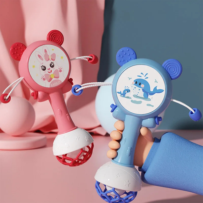 Baby sensory teether rattle, soft jingle sounds, easy grip for infant teething relief and development.