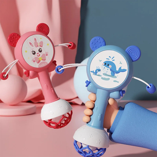 Baby sensory teether rattle, soft jingle sounds, easy grip for infant teething relief and development.