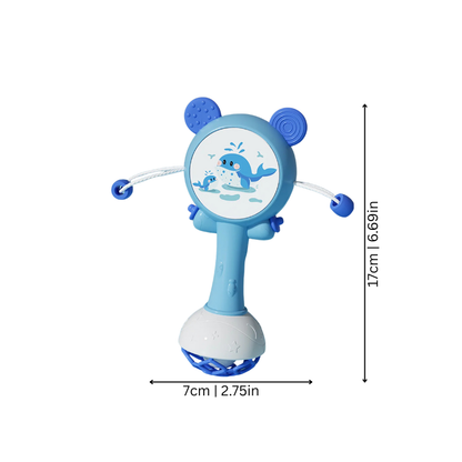 Infant sensory rattle and teether in vibrant color, providing soft jingle sounds for baby development.