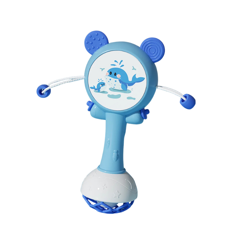 Newborn essential teether rattle, soft jingle sounds for sensory play, promoting teething relief.