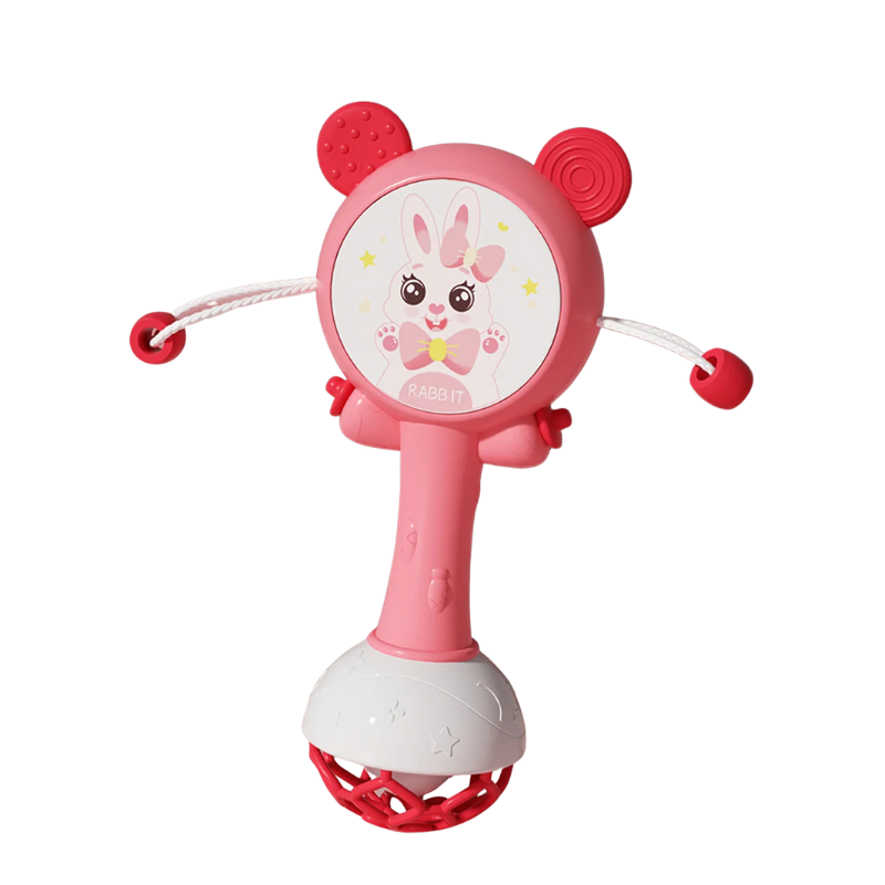 Close-up of baby teether rattle with soft jingle sounds, designed for easy grip and infant development.