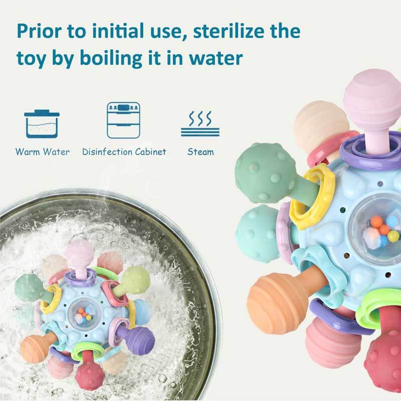 Infant holding a colorful sensory rattle teether, stimulating play for newborn developmental toy