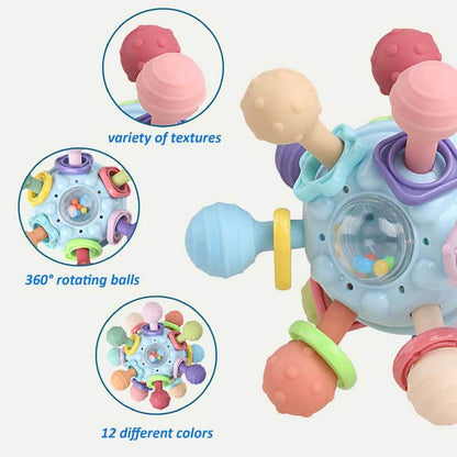 Soft silicone baby teething rattle in various colors, safe and engaging sensory toy for infants