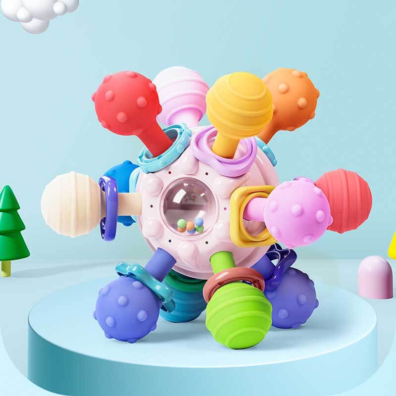 Detailed view of a baby sensory rattle teether and its storage box, ideal for newborn and toddler