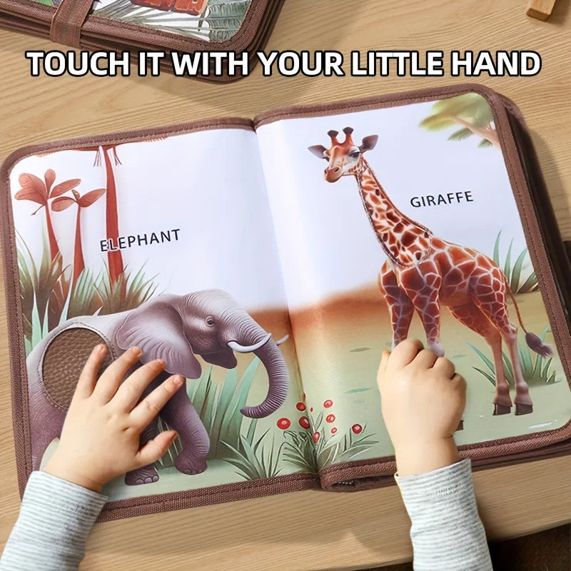 Soft baby book, 'Animals' themed, with various textures for sensory exploration and infant development.
