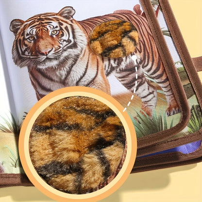Infant development animal-themed soft book, a sensory toy to engage babies with different textures.