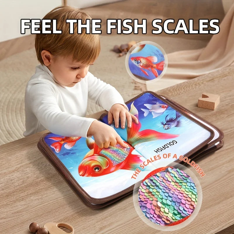Educational baby book, 'Animals' touch & feel, designed as a soft sensory toy for young infants.