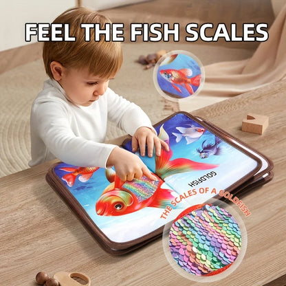 Educational baby book, 'Animals' touch & feel, designed as a soft sensory toy for young infants.