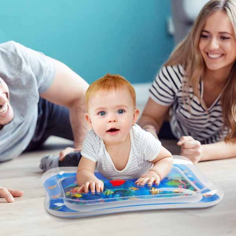 Baby sensory tummy time water play mat with colorful floating ocean animals, engaging infant development toy