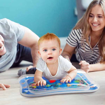 Baby sensory tummy time water play mat with colorful floating ocean animals, engaging infant development toy