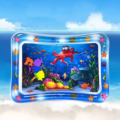 Parents placing their baby on a tummy time water play mat, encouraging early infant development