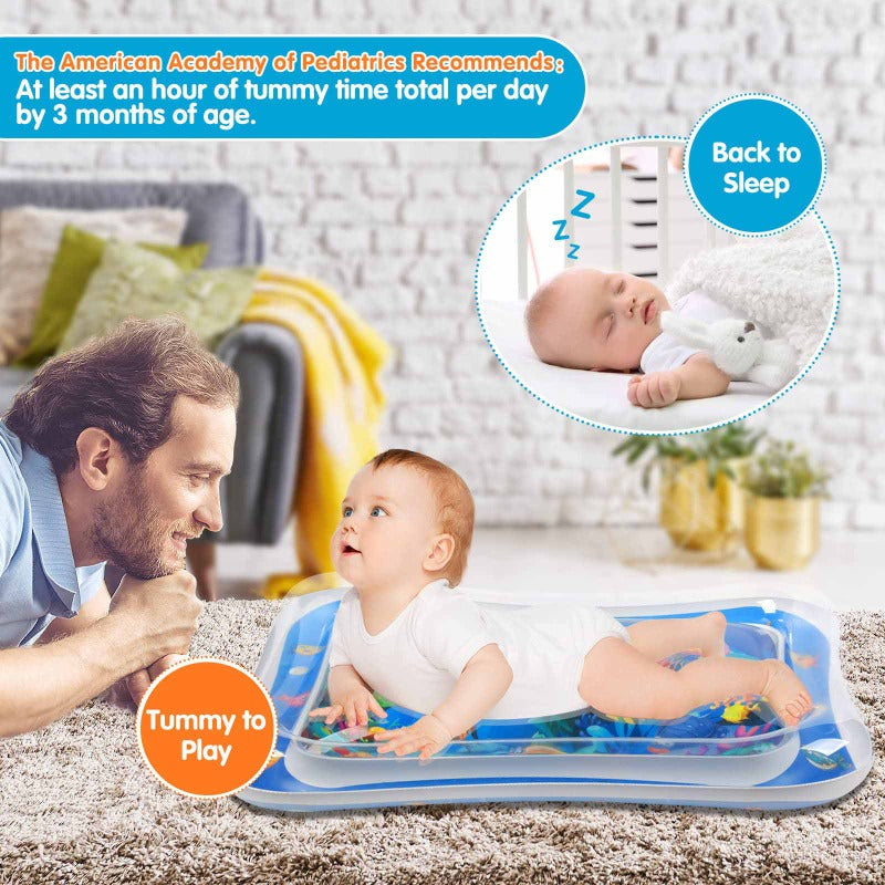 Infant reaching for floating toys in a clear and durable sensory water mat, promoting motor skills