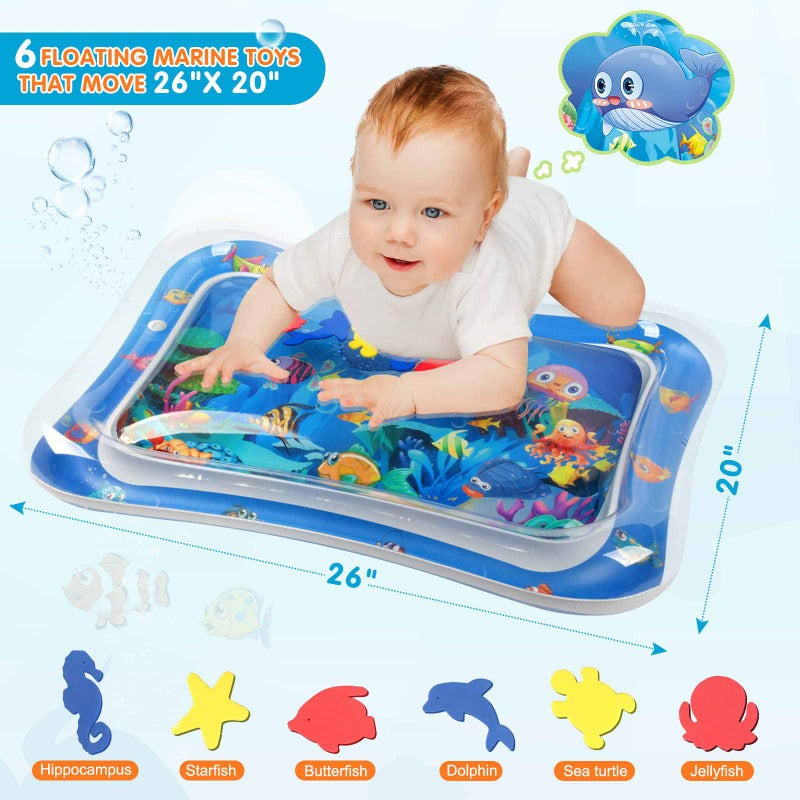 Top-down view of a baby tummy time water mat, filled with water and bright, movable sea creatures