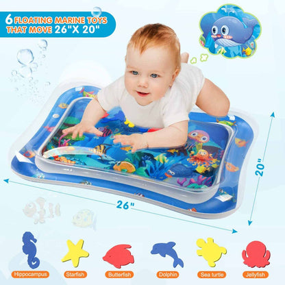 Top-down view of a baby tummy time water mat, filled with water and bright, movable sea creatures