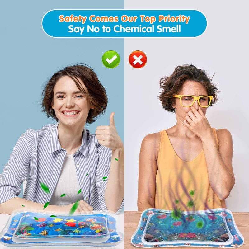 Baby sensory water mat with a blue border, featuring floating marine life for engaging infant play