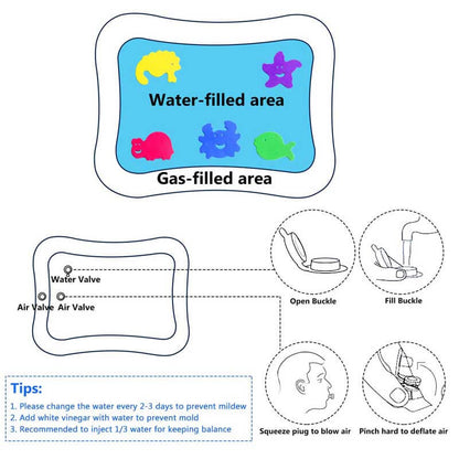 Portable tummy time water mat, deflated and folded, showcasing its compact design for travel