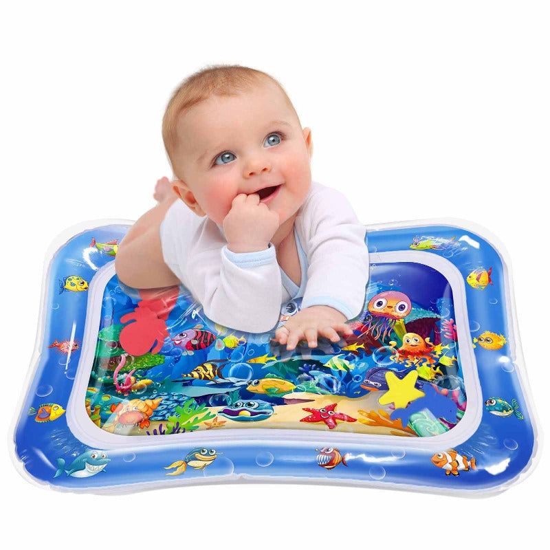 Two babies interacting with a shared large sensory water play mat, highlighting social play
