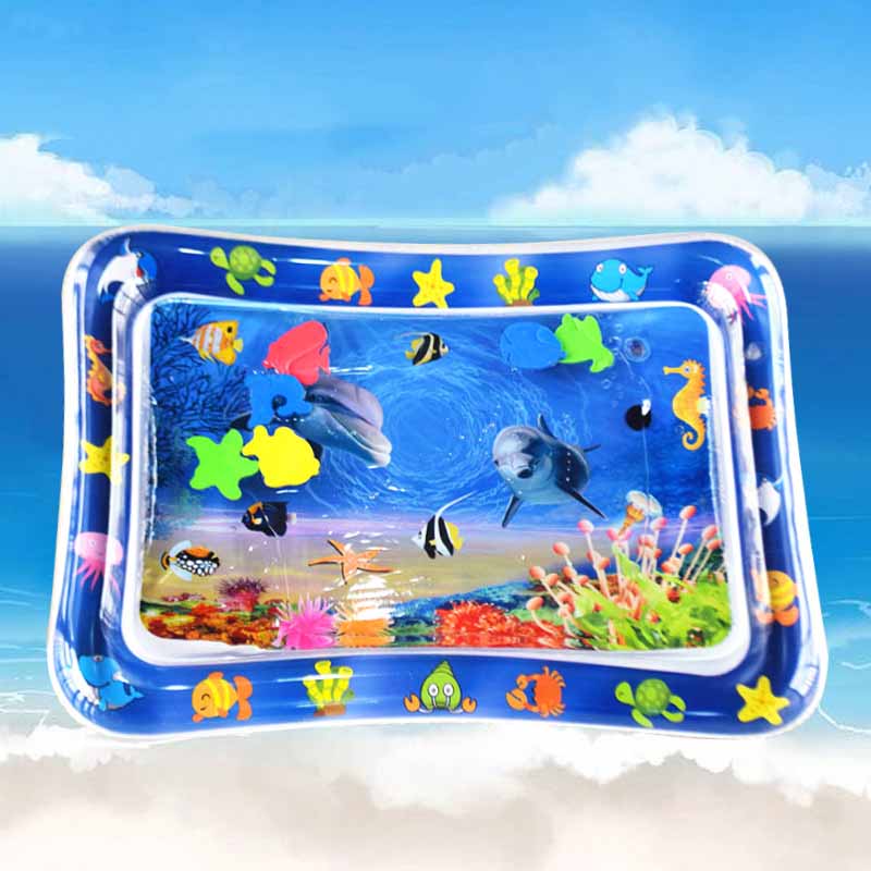 Side view of an inflated baby tummy time water mat, demonstrating its sturdy and leak-proof design