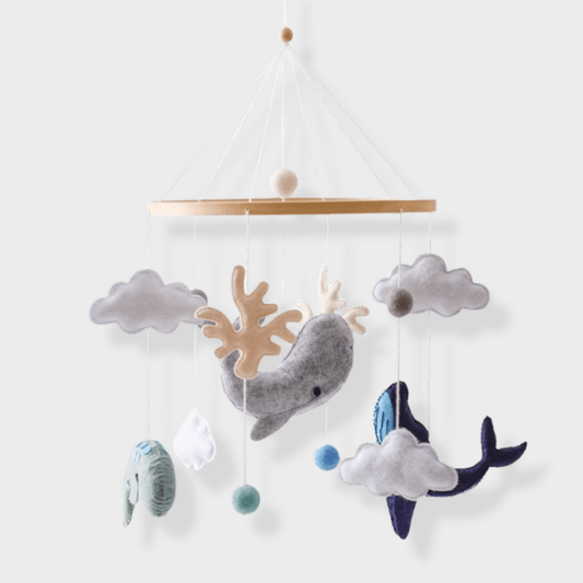 Baby Sensory Wooden Mobile with felt clouds, natural wood, and gentle hanging elements, perfect nursery decor