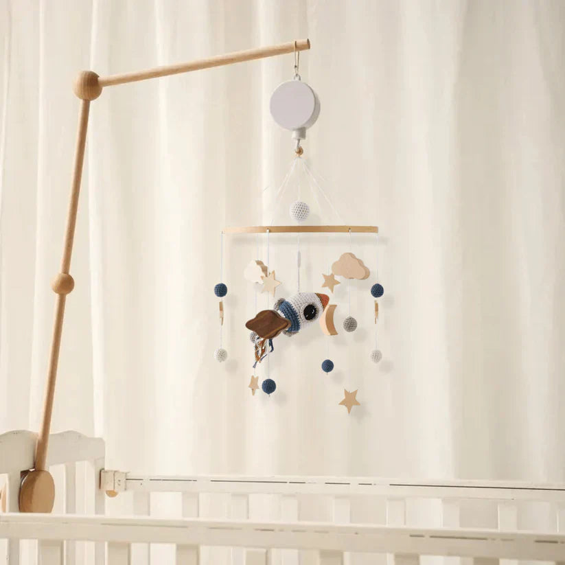 Eco-friendly Baby Sensory Wooden Mobile, made with natural materials and non-toxic finishes for baby safety, wooden toy